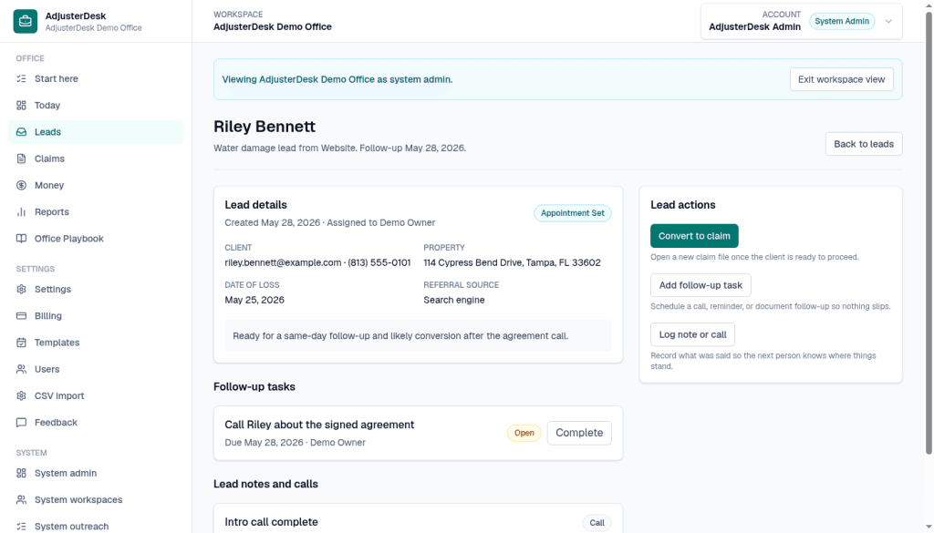 Riley Bennett lead detail in Demo Office, with Convert to claim and an open follow-up