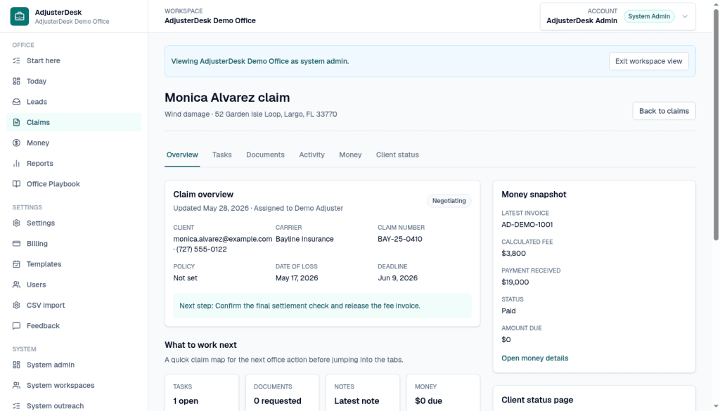Monica Alvarez claim overview in Demo Office, with one open task and the next step