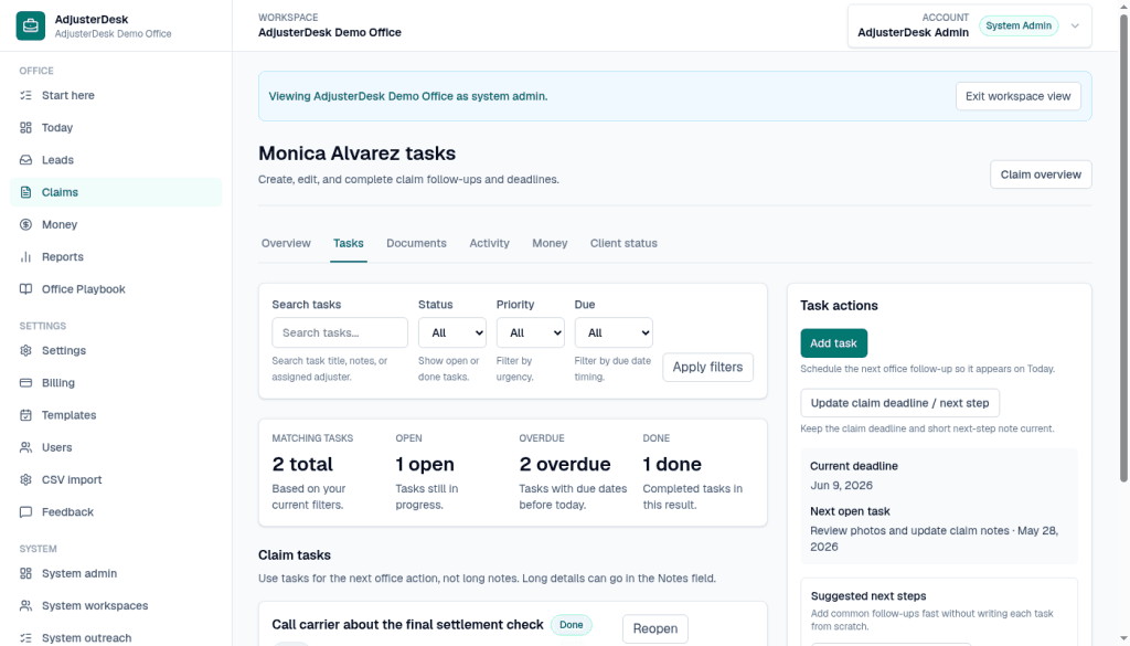 Monica Alvarez claim tasks in Demo Office, with Add task, the deadline, and a done follow-up